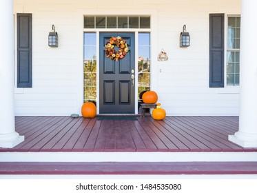 Fall Decoration Adorns Beautiful Entry Way To Home.