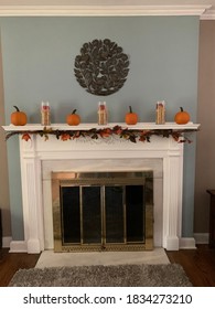 Fall Decorations On Mantle With Pumpkins