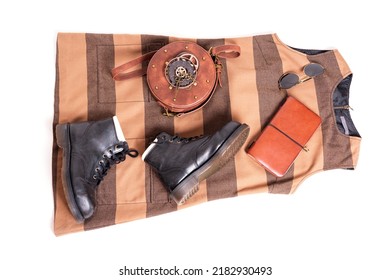 Fall Dress And Boots Outfit Flat Lay. Trendy Steampunk Accessories.