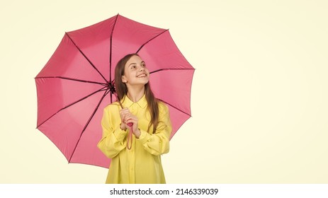 Fall Fashion Accessory. Happy Stylish Girl Isolated On White. Cheerful Teen Child Hold Pink Parasol.