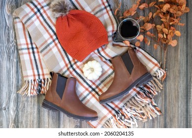 Fall Fashion Flat Lay In Warm Earthtones On Rustic Wood Background