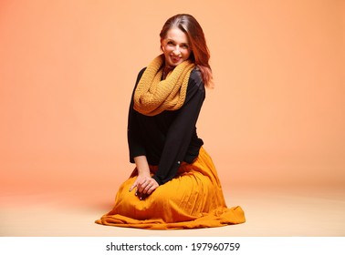 Fall. Fashion woman in autumn color fresh girl in full length long false orange eye-lashes - Shutterstock ID 197960759
