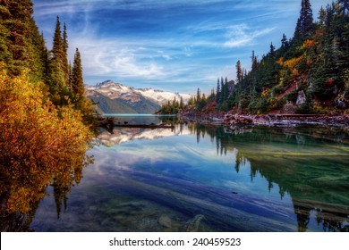 Fall Foliage Along Calm Mountain Lake