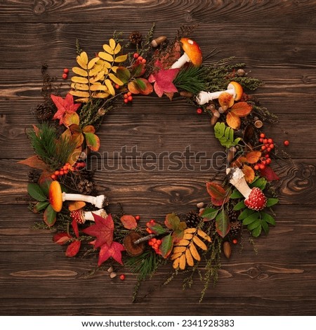 Fall Foliage Circular Frame on Vintage Wooden Background with Copy Space