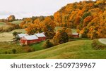 Fall Foliage Farm in Vermont Beautiful Autumn Colors in Vermont, USA. Rolling Hills of Grass, Colorful Trees, Red Barn Rural Small Town New England