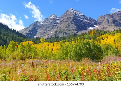 Fall Foliage And The Maroon Bells, Rocky Mountains Colorado