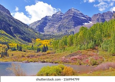 Fall Foliage And The Maroon Bells, Rocky Mountains Colorado