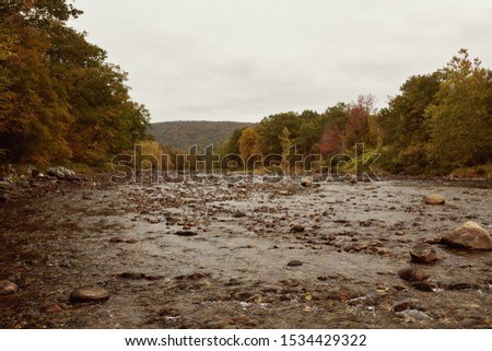 Fall foliage surrounding West River near Dummerston Covered Bridge in the New England town of Dummerston, Vermont. 