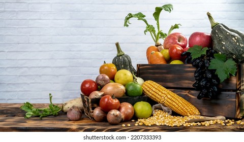 Fall Harvest And Autumn Season With Organic Fruit And Vegetable On Wood Table