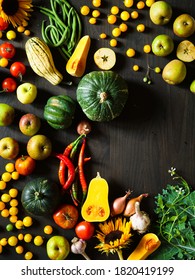 Fall Harvest Produce Flat Lay With Room For Text On Dark Background