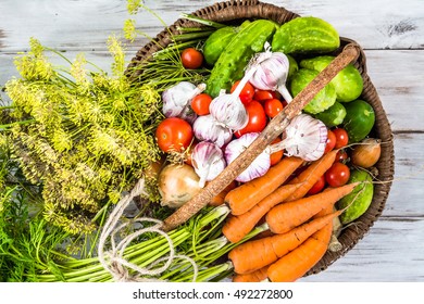 Fall Harvest Vegetables In Basket Overhead, Colorful Assorted Produce, Healthy Eating Concept