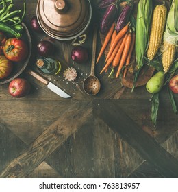 Fall Healthy Cooking Background. Autumn Ingredients For Thanksgiving Day Dinner Preparation. Flat-lay Of Green Beans, Corn Cobs, Carrot, Fruits Over Wooden Table, Top View, Copy Space, Square Crop