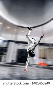 I Fall.  Indoor Skydiving In Wind Tunnel. People Fly Like In Dream