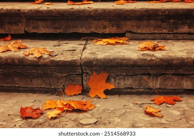 Fall leaves background. Fallen maple leaves on the old textured stone staircase - fall October landscape, retro tones applied - Powered by Shutterstock