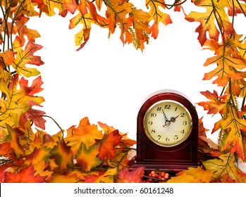 Fall Leaves With Clock Isolated On White, Fall Time Change