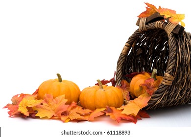 Fall Leaves With Pumpkins In A Cornucopia, Autumn Scene