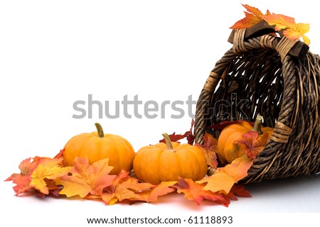 Fall leaves with pumpkins in a Cornucopia, Autumn scene
