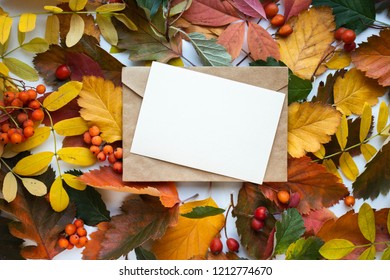 Fall Mockup Card With Autumn Leaves Invitation Card With Environment And Details Mockup With Postcard And Flowers And Ribbon On White Background.