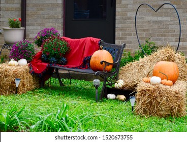 Fall Outdoor Decor Mums Pumpkins Straw Bench Blanket Autumn Winter Squash Acorn Delicata Gourds Iron Heart