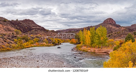 Fall Panorama Of Rio Grande Del Norte At Orilla Verde And Taos Canyon - New Mexico Desert Southwest