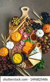 Fall Party Charcuterie Board, Top Down View On Rustic Table With Apetizer Platter