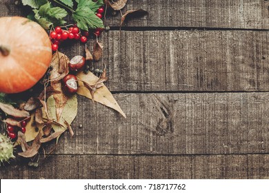 Fall Photo, Beautiful Pumpkin With Leaves And Berries On Rustic Wooden Background, Top View. Space For Text. Thanksgiving Or Halloween Concept Greeting Card Flat Lay. Cozy Autumn Mood. Holiday