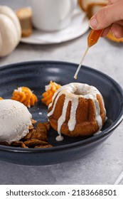 Fall Plated Dessert With A Pumpkin Spice Cake, Ice Cream And Pumpkin Mousse