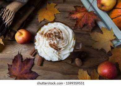 Fall Pumpkin Spice Coffee Latte Mug With Whipped Cream, Cinnamon, Nutmeg, Apples, Fall Leaves, Wool Plaid, Top View