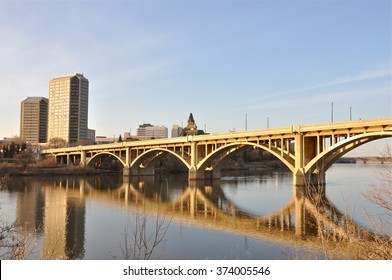 Fall In Saskatoon, SK, Canada With Its Beautiful Broadway Bridge.