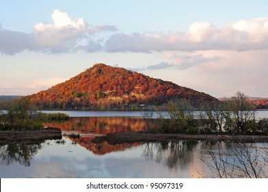 Fall Scene: Bluff Reflected In Mississippi River In Southeast Minnesota