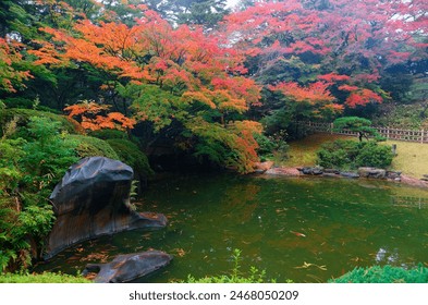 Fall scenery of a Koi pond surrounded by lush greenery and colorful maple trees on a beautiful autumn day, in a traditional Japanese garden of Tokyo Metropolitan Teien Art Museum, in Tokyo, Japan - Powered by Shutterstock