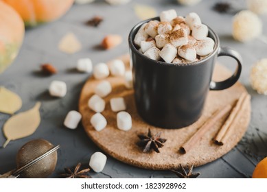 Fall season inspired dessert: hot chocolate with mini marshmallows, cinnamon, star anise and cocoa powder served in a black mug with cork coaster. Autumn hot drink - Powered by Shutterstock