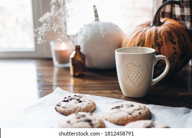 Fall Styled Composition. Autumn Breakfast Still Life. Scandinavian Hygge Concept. Morning Concept. Breakfast In Bed. Cozy Autumn Homely Scene With Pumpkins. Flat Lay. Home Decor.