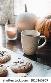 Fall Styled Composition. Autumn Breakfast Still Life. Scandinavian Hygge Concept. Morning Concept. Breakfast In Bed. Cozy Autumn Homely Scene With Pumpkins. Flat Lay. Home Decor.