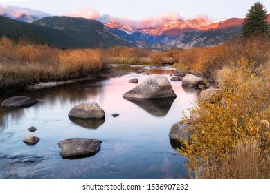 Fall Sunrise On The Big Thompson River In Rocky Mountain National Park Located Outside Estes Park Colorado