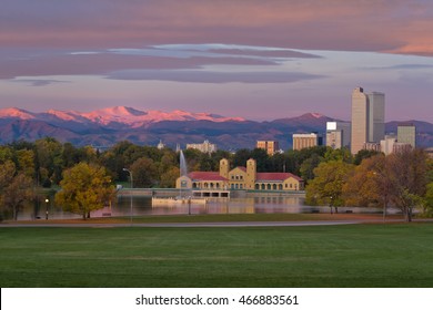 Fall Sunrise on Denver's City Park with the alpine glow on Mt Evans and the front range in Colorado