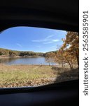 Fall Time Window View Lake and Trees