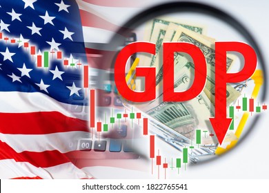 The Fall In Us GDP. The Decline In America's GDP. Dynamics Of GDP Changes Against The Background Of The American Flag. State Of The US Economy. The Economic Crisis In America.