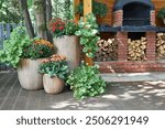 fall veranda decor with chrysanthemums