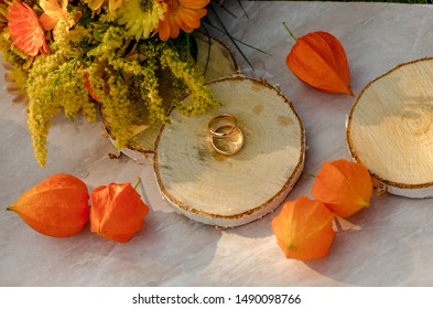 Fall Wedding Rings, Leaves And Physalis
