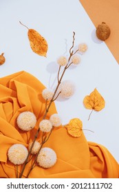 Fall Winter Background. Autumn Brunch Decor, Leaf And Fabric. Trendy Brown Yelow Colors Shades.  Aesthetic Seasonal Minimal Wallpaper