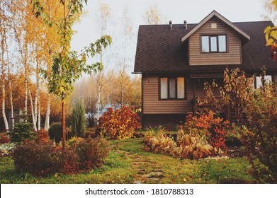 Fall Wooden Country House And Cottage Garden