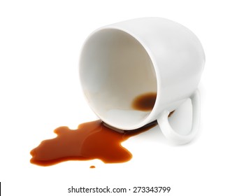 Fallen coffee cup with spilled coffee isolated on white