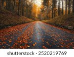 Fallen leaves covering a road in beautiful forest in golden autumn. Empty mountain road, trees with red and orange foliage in rain. Colorful landscape with wet road in woods in fall. Travel. Road trip