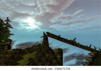 A fallen tree against the background of the nightfall sky. A tree that fell over a cliff at nightfall. Nightfall fallen tree on cliff. Fallen tree in nightfall cliff