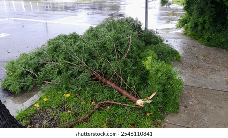 Fallen tree branch on wet pavement after a rainy day, surrounded by greenery and puddles, illustrating the aftermath of stormy weather in an urban environment. - Powered by Shutterstock