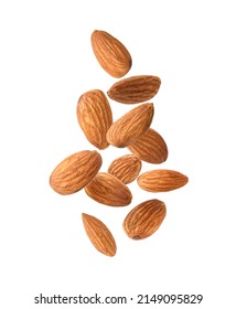 Falling Almond Nuts Isolated On A White Background.