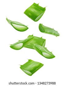 Falling Aloe vera, slice, isolated on white background, clipping path, full depth of field