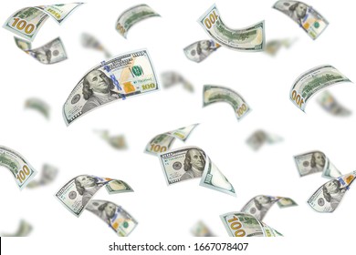 Falling American Dollars, Isolated On White Background, Selective Focus