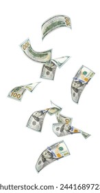 Falling American dollars, isolated on white background, clipping path, full depth of field